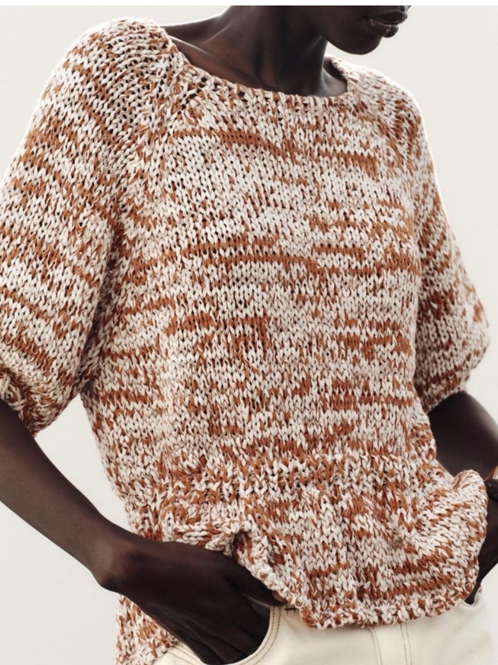 Zara Chunky Marled Knit Sweater in Cream & Burnt Orange/Brown